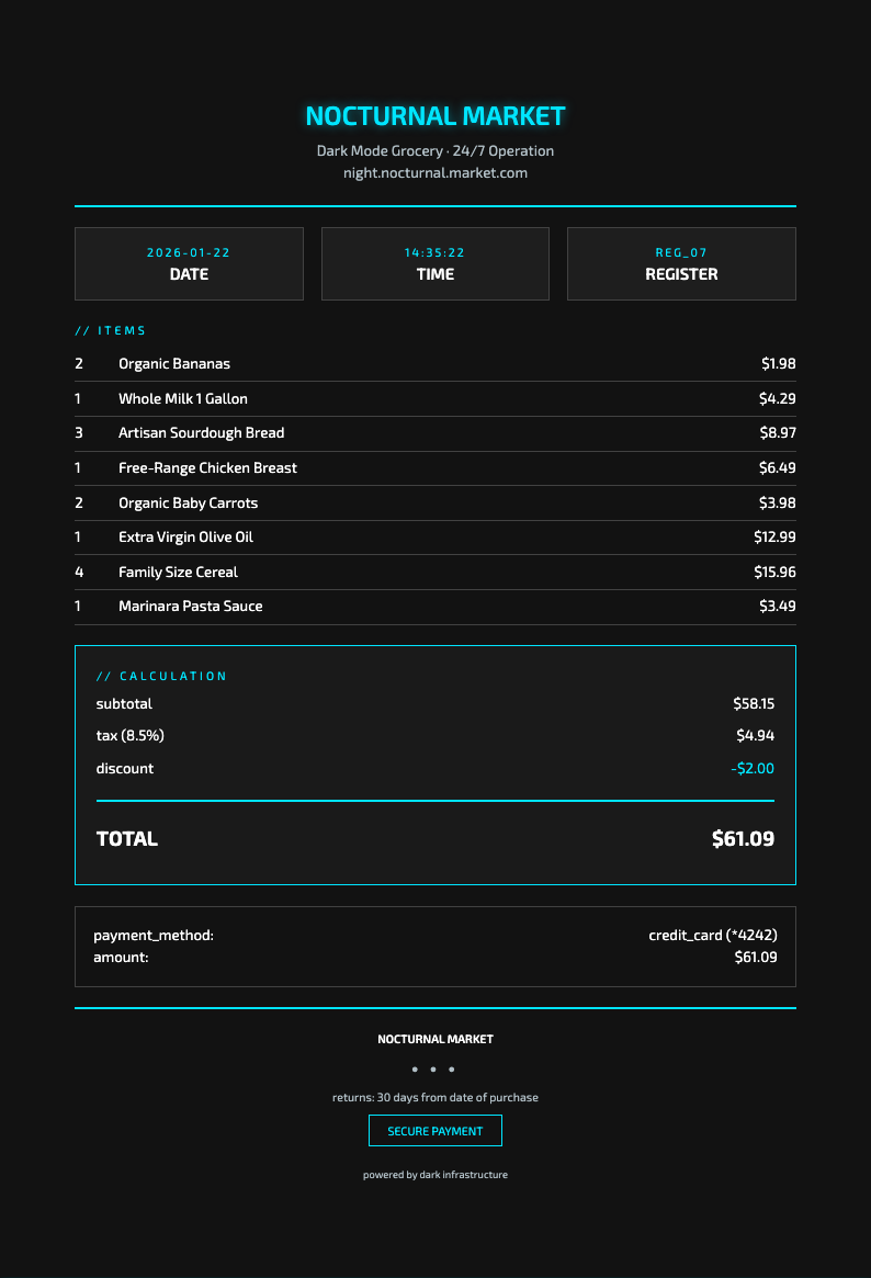 Midnight modern receipt